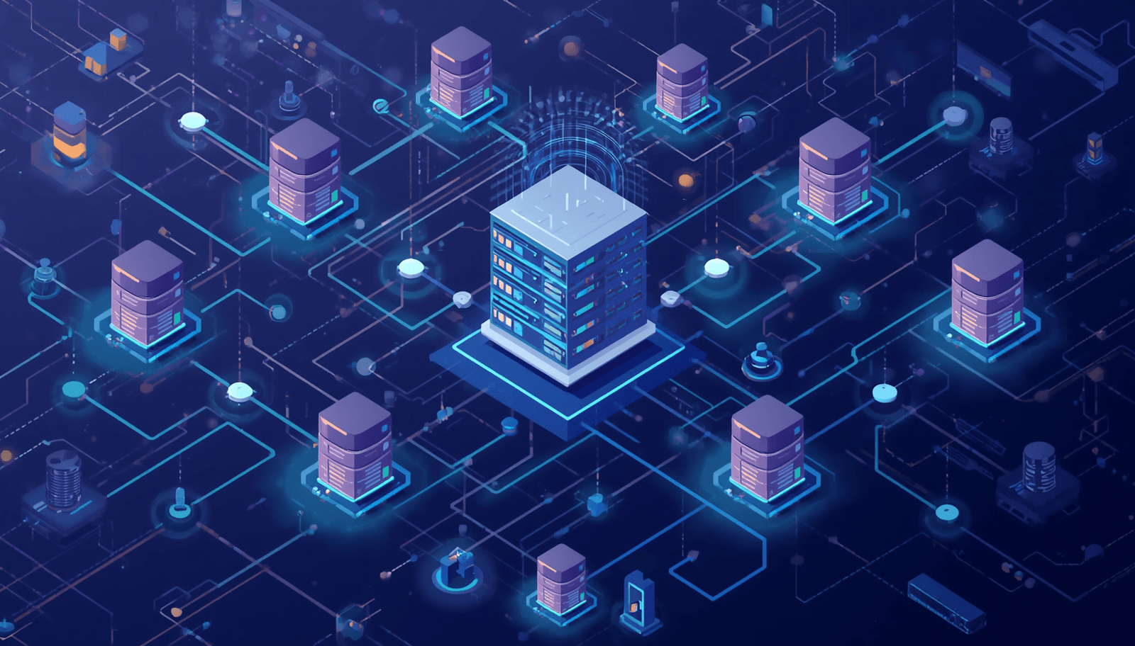 Conceptual illustration of data consistency in a distributed architecture - connected servers, databases, and network nodes with data synchronization