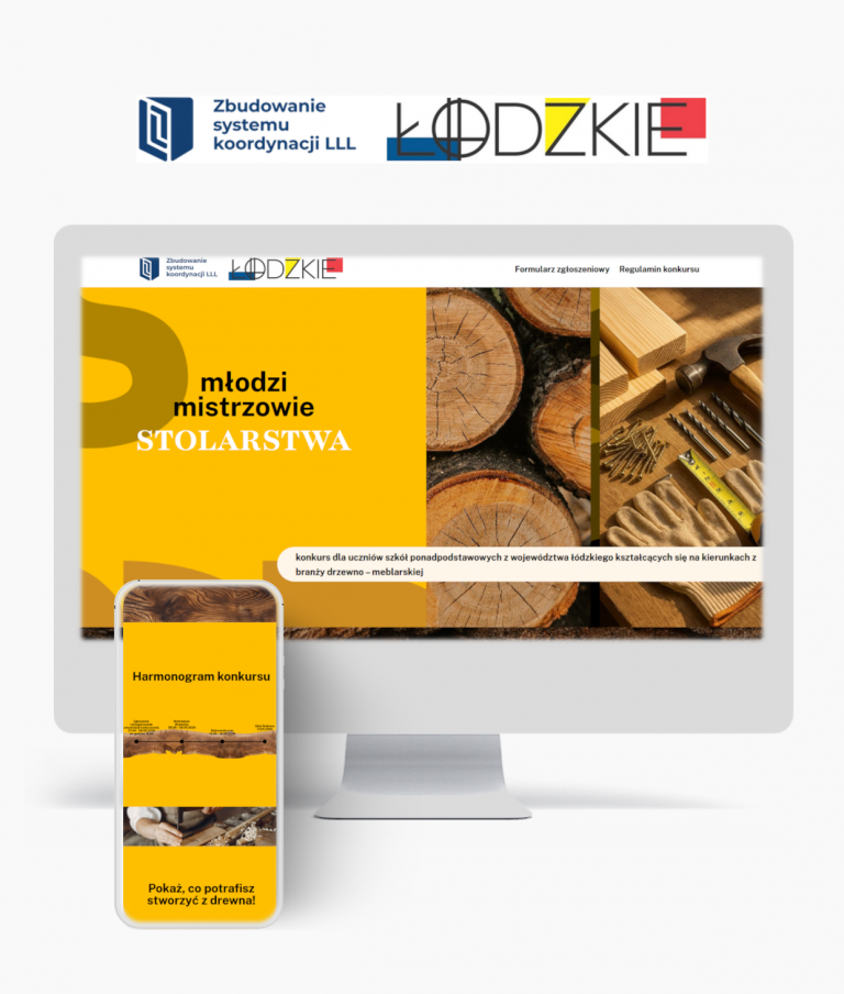 Monitor i telefon wyświetlający stronę Młodzi mistrzowie stolarstwa