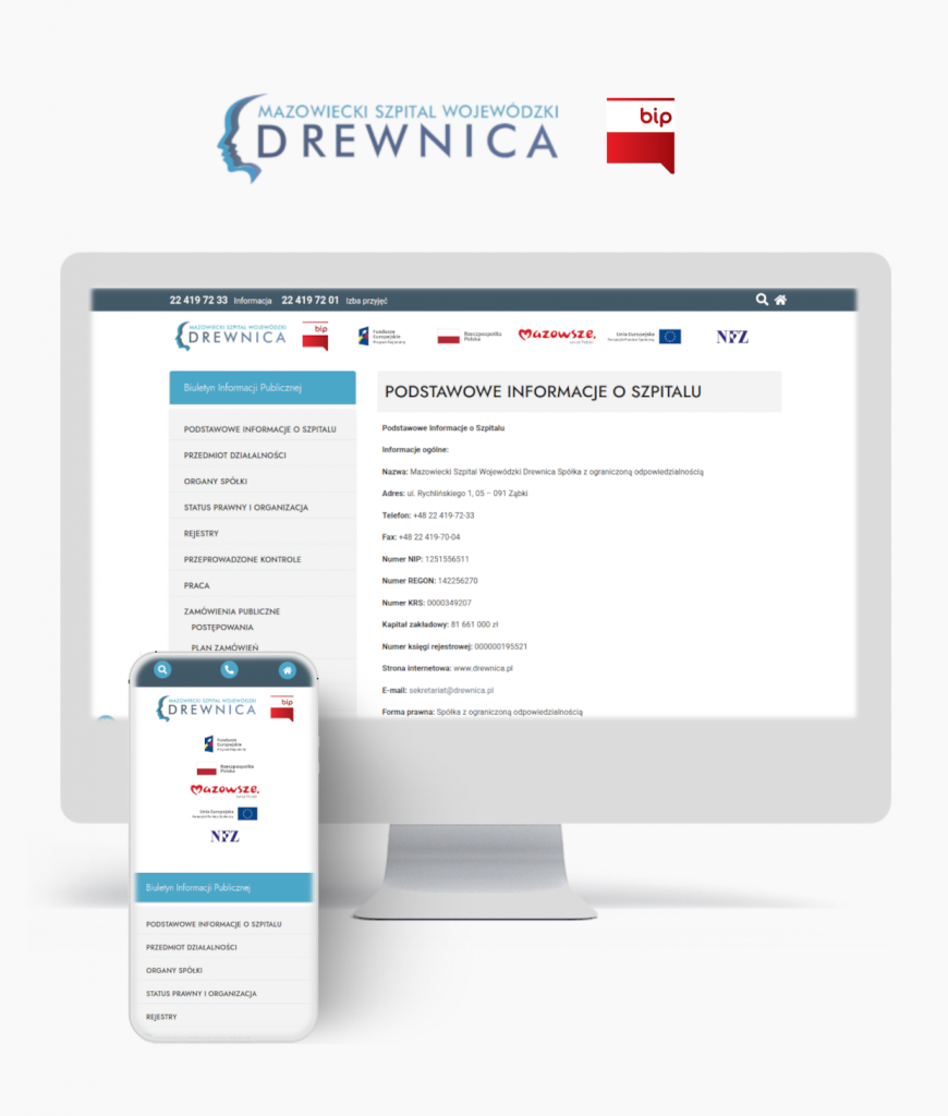 Monitor i telefon wyświetlający stronę BIP Drewnica